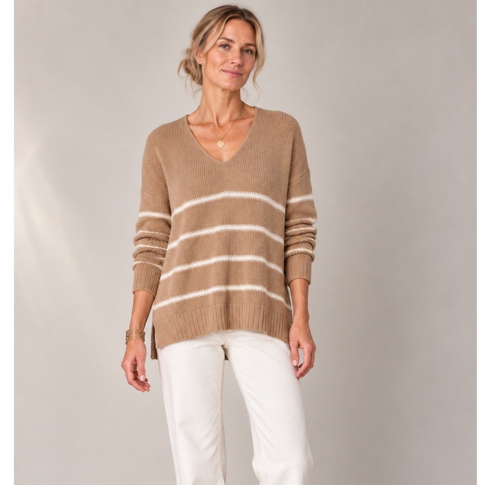 Lucky Brand Tan & White Striped V-Neck Knit Pullover Sweater, Medium